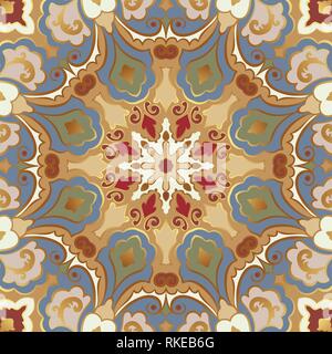 Seamless vector pattern with colored mandalas. Eastern bright ornament with gold outline. Stock Vector