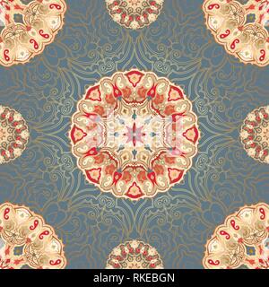 Seamless vector pattern with colored mandalas. Eastern bright ornament with gold outline. Stock Vector