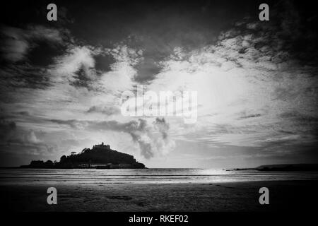 Black and white image of St. Michael's Mount, Cornwall, UK - John Gollop Stock Photo
