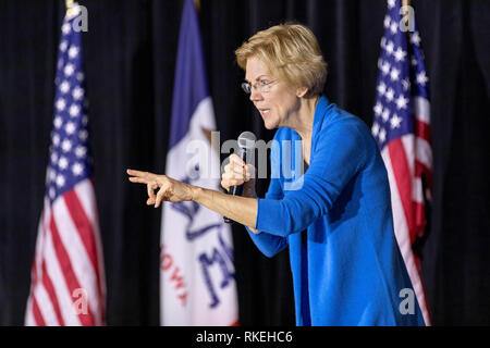 Cedar Rapids, Iowa, USA. 10th February, 2019. Having formally announced her run for the presidency, Massachusetts Senator Elizabeth Warren held a campaign rally in Cedar Rapids, Iowa on Sunday. Stock Photo