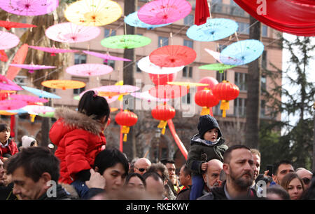 Rome, Italy. 10th Feb, 2019. People participate in the 2019 Spring Festival celebrating event in Rome, Italy, on Feb. 10, 2019. The celebration was held in Rome, Italy for the Lunar New Year, included a parade of lion and dragon dance and a photo exhibition. Thousands of people including local residents, foreign visitors and Chinese communities were attracted. Credit: Cheng Tingting/Xinhua/Alamy Live News Stock Photo