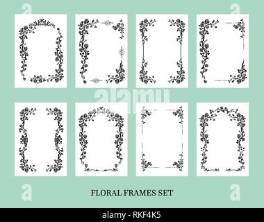 Black elegant frames set of roses for holiday design wedding, anniversary, party, birthday. For invitation, ticket, leaflet, banner, poster and tattoo. Fairy flourish design elements Stock Vector