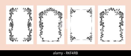 Black elegant frames set of roses for holiday design wedding, anniversary, party, birthday. For invitation, ticket, leaflet, banner, poster and tattoo. Fairy flourish design elements Stock Vector