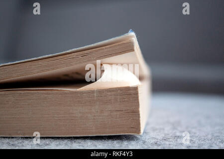A dog eared paperback on a light background. Stock Photo