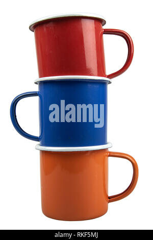 Stack of many colours tin cup isolate on white background. Stock Photo