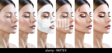 Collage of woman applying makeup step by step. Over white background. Stock Photo