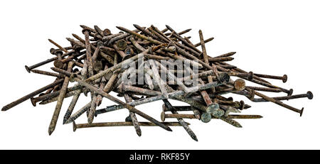 Old used rusted rusted nails piled up and isolated on white Stock Photo