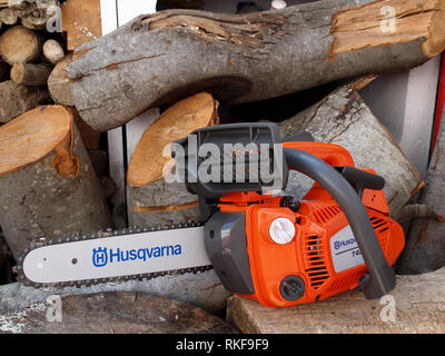 Brand new Husqvarna T425 Chain Saw on woodpile ready fro use Stock Photo