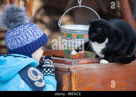 Little boy playing with large black cat outdoors. Stock Photo