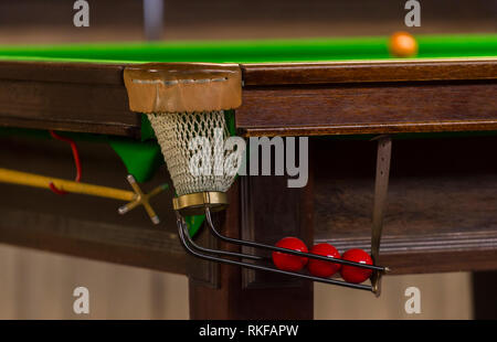Snooker balls scored in the hole, the light in the hole, the background close-up Stock Photo