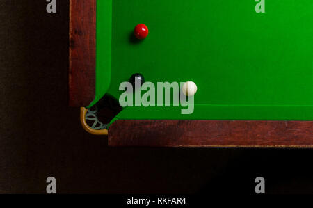 Snooker table top view with snooker balls on green Stock Photo