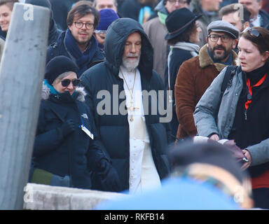 John Malkovich wears an all-white pontiff costume to film a scene for 'The New Pope'  Featuring: John Malkovich Where: Venice, Italy When: 10 Jan 2019 Credit: IPA/WENN.com  **Only available for publication in UK, USA, Germany, Austria, Switzerland** Stock Photo