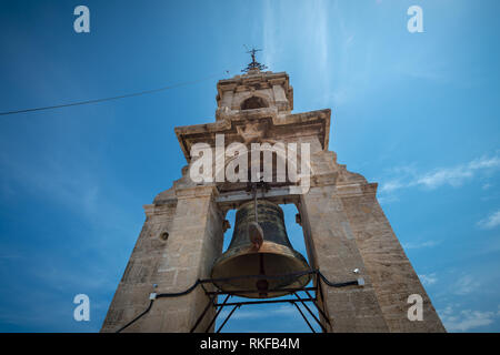 The large bell at the top of the El Miguelete, the bell tower of the Valencia Cathedral, in Valencia, Spain. Stock Photo