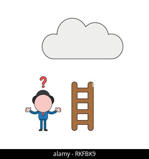 Vector illustration confused businessman character with short wooden ladder to reach cloud. Color and black outlines. Stock Vector