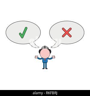Vector illustration businessman character with speech bubbles and check and x marks. Color and black outlines. Stock Vector