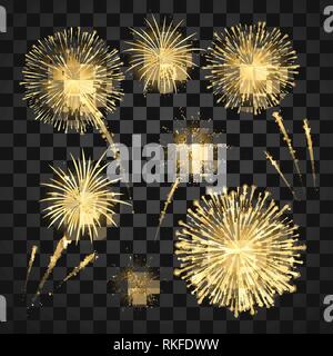 Yellow Festival fireworks. Colorful carnival fireworks holiday background. Vector illustration isolated on dark background Stock Vector