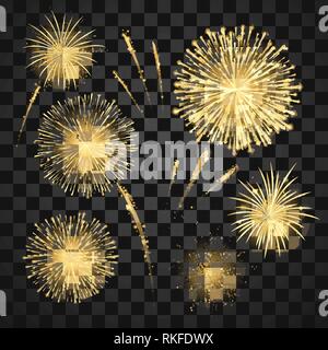 Gold Festival fireworks set. Carnival fireworks holiday background. Vector illustration isolated on dark background Stock Vector