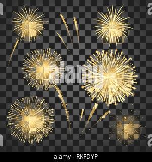 Gold Festival fireworks set. Colorful carnival fireworks holiday background. Vector illustration isolated on dark background Stock Vector