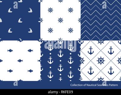 Seamless pattern set. Nautical elements collection Stock Vector