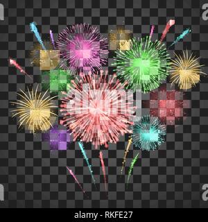 Festival fireworks. Colorful carnival fireworks holiday background. Vector illustration isolated on transparent background Stock Vector