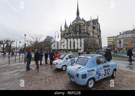 REIMS, FRANCE, February 1, 2019 : Start of Rallye in the streets of Reims. Rallye Historique is reserved to those cars which have participated in the  Stock Photo