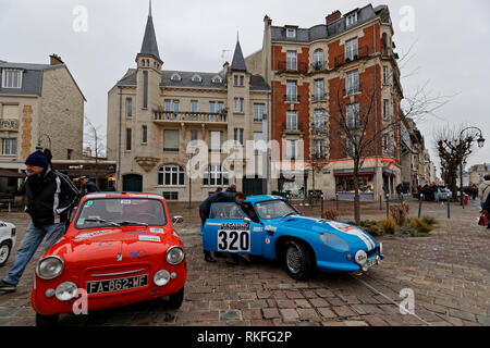 REIMS, FRANCE, February 1, 2019 : Start of Rallye in the streets of Reims. Rallye Historique is reserved to those cars which have participated in the  Stock Photo