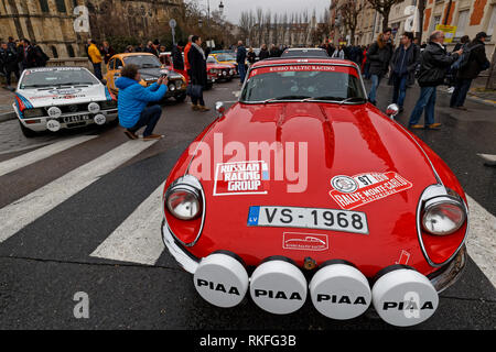 REIMS, FRANCE, February 1, 2019 : Start of Rallye in the streets of Reims. Rallye Historique is reserved to those cars which have participated in the  Stock Photo