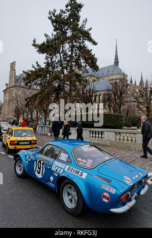 REIMS, FRANCE, February 1, 2019 : Start of Rallye in the streets of Reims. Rallye Historique is reserved to those cars which have participated in the  Stock Photo