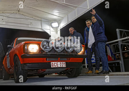 REIMS, FRANCE, February 1, 2019 : Start of Rallye in the streets of Reims. Rallye Historique is reserved to those cars which have participated in the  Stock Photo