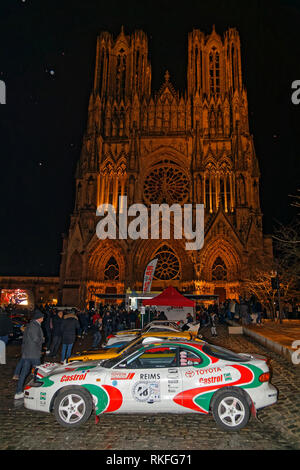 REIMS, FRANCE, February 1, 2019 : Start of Rallye in the streets of Reims. Rallye Historique is reserved to those cars which have participated in the  Stock Photo