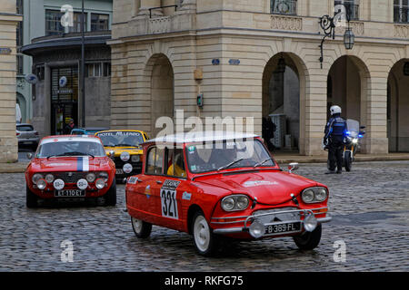 REIMS, FRANCE, February 1, 2019 : Start of Rallye in the streets of Reims. Rallye Historique is reserved to those cars which have participated in the  Stock Photo