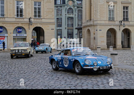 REIMS, FRANCE, February 1, 2019 : Start of Rallye in the streets of Reims. Rallye Historique is reserved to those cars which have participated in the  Stock Photo