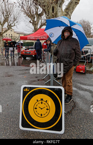 CREST, FRANCE, February 2, 2019 : A checkpoint for competitors in Crest. Rallye Historique is reserved to those cars which have participated in the Ra Stock Photo