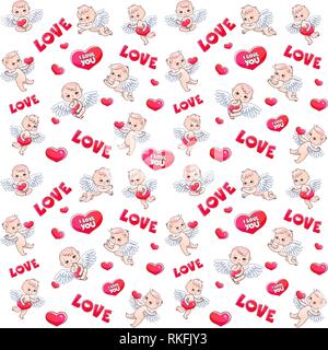 Angels and hearts pattern for Valentine's day gift. Angels with hearts in their hands. Vector seamless pattern with serge and angels babies Stock Vector