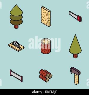 lumberjack flat outline isometric set. Vector illustration, EPS 10 Stock Vector