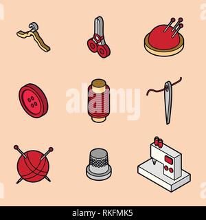 Sewing flat outline isometric icons. Vector illustration, EPS 10 Stock Vector