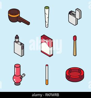 Smoking flat outline isometric set. Vector illustration, EPS 10 Stock Vector