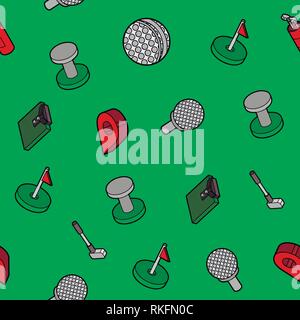 Golf flat outline isometric pattern. Includes such Icons as a Golf ball, hole, Golf car, field games, stick, sports uniforms, gloves, backpack Stock Vector