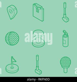 Golf outline isometric set. Includes such Icons as a Golf ball, hole, Golf car, field games, stick, sports uniforms, gloves, backpack Stock Vector