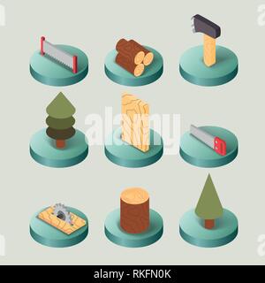 Lumberjack flat isometric set of woodworking tools isolated vector illustration Stock Vector