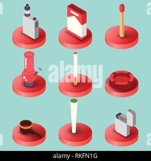 Smoking flat isometric set. Vector illustration, EPS 10 Stock Vector