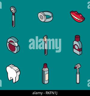 Stomatology flat outline isometric set. Different stages of medical care in stomatology. Stock Vector
