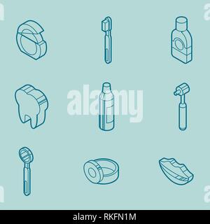 Stomatology outline isometric set. Different stages of medical care in stomatology. Stock Vector