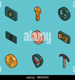 Blockchain flat outline isometric icons . Cryptocurrency theme. Vector illustration, EPS 10 Stock Vector