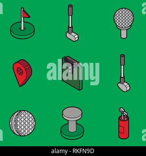Golf flat outline isometric set. Includes such Icons as a Golf ball, hole, Golf car, field games, stick, sports uniforms, gloves, backpack Stock Vector