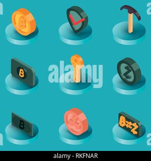 Blockchain flat isometric icons. Cryptocurrency theme. Vector illustration EPS 10 Stock Vector