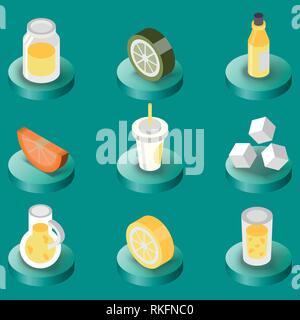 Lemonade flat isometric set. Summer lemonades with fruits. Vector illustration, EPS 10 Stock Vector