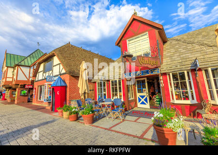 Solvang, California, United States - August 10, 2018: gift shop at traditional Danish village with sunset light, famous destination in Santa Barbara Stock Photo