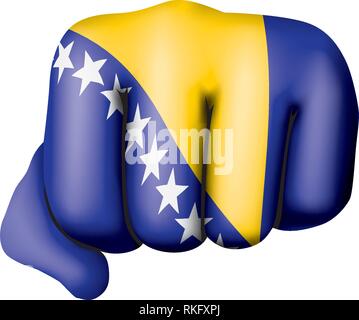 Bosnia and Herzegovina flag and hand on white background. Vector illustration Stock Vector