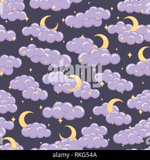 Night sky seamless pattern with clouds stars and moons. Cute children illustration for background or textile. Stock Vector